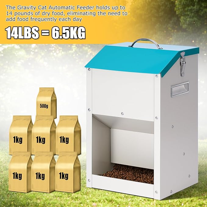 PKNYBZN Automatic Dog & Cat Feeder, 14L Outdoor Gravity Dog Feeder Use, Metal Automatic Feeder Cat Dry Food, Pet Feeding Station for Cats, Dogs and Other Small Animals