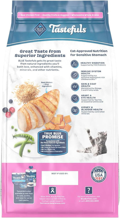 Blue Buffalo Tastefuls Adult Dry Cat Food Sensitive Stomach Formula, Made in the USA with Natural Ingredients, Chicken Recipe, 7-lb. Bag