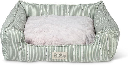 Fringe Studio Block Stripe Dusty SAGE 24" W x 21" D x 7" H Small Rectangular Cuddler Pet Bed W/Reversible Cushion, 100% Cotton Canvas Exterior, Machine Washable, PetShop Collection (755SM001)