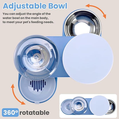 Automatic Cat Feeder Stainless Steel Water Dispenser Gravity Food Feeder and Waterer Set with Pet Food Bowl for Small Medium Kitten Puppy Pets Large Capacity(Blue)