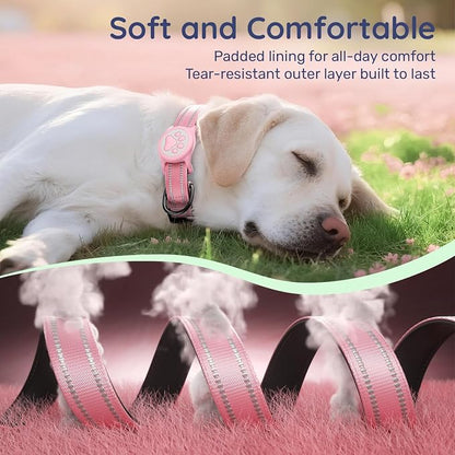 Airtag Dog Collar, Reflective Ultra-Durable Nylon Padded with QR Code Buckle & IP68 Waterproof Air Tag Holder Compatible for Apple AirTag, Comfortable for Small Medium Large Dogs (Pink, XS)