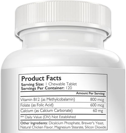 Vitamin B12 for Dogs Plus Folate & Calcium, Support the Nervous System & Blood Cell Formation, Help Sustain Cellular Energy Generation & Maintain DNA Synthesis, 120 Chewable Tablets