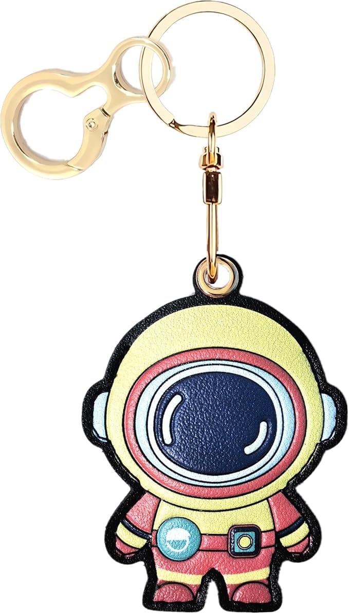 Leather Keychain Holder Case Compatible with AirTag,Cute Protective Cover with Keyring,Anti-Scratch Finder GPS Tracker Case for Wallet Keys,bag,pets,Backpack(Astronaut Yellow)