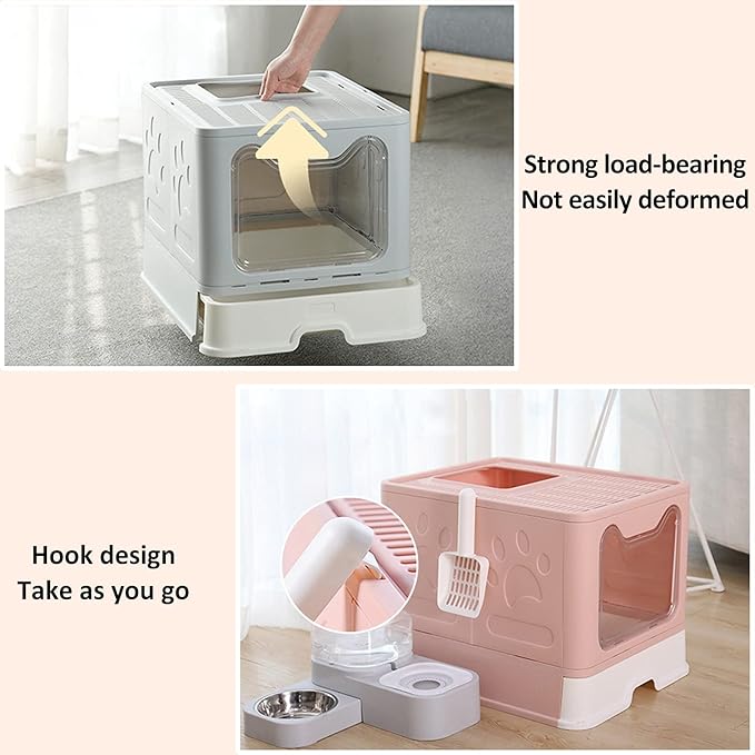 Panghuhu88 Foldable Litter Box With Lid, Large Top Entry Cat Toilet, Enclosed Potty Include Litter Scoop, Drawer Type Easy Clean Pan (Pink, 20" L x 16" W x 15" H)