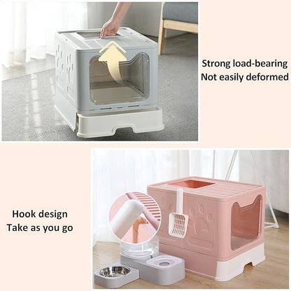 Panghuhu88 Foldable Litter Box With Lid, Large Top Entry Cat Toilet, Enclosed Potty Include Litter Scoop, Drawer Type Easy Clean Pan (Pink, 20" L x 16" W x 15" H)