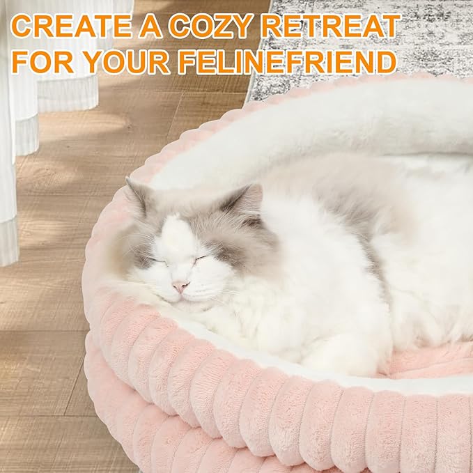 Washable Round Donut Dog Bed,Cat Beds for Indoor Cats,Fluffy Puppy Dogs Beds for Small Dogs with Anti-Slip Bottom(Pink,M)