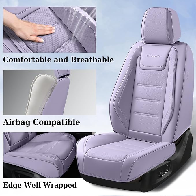 Coverado Car Seat Covers Full Set, Seat Covers for Cars, Car Seat Protector Waterproof, Leather Cushion, Universal Car Interior Covers Seat Protectors for Most Cars Purple