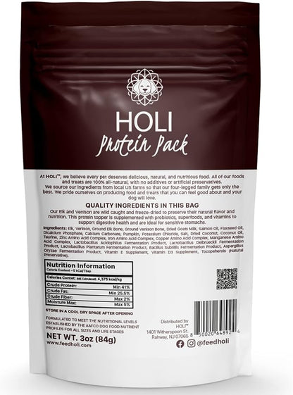 HOLI Freeze Dried Elk and Venison Dog Food Topper - 96% Meat, Wild Caught Free Range - Freeze Dried Dog Food Flavor Enhancer for Picky Dogs – 100% All Natural - 6oz