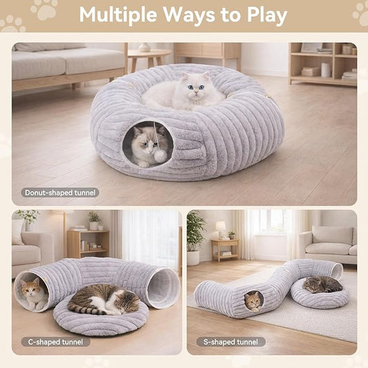 Dogpals Ultra-Soft Cat Tunnel Bed - Soft Washable Cushion, Peekaboo Hideaway Cave for Indoor Cats, Kittens, Puppies, and Rabbits - Deluxe Upgraded with Luxurious Striped Hare-Feel Fabric (Grey)