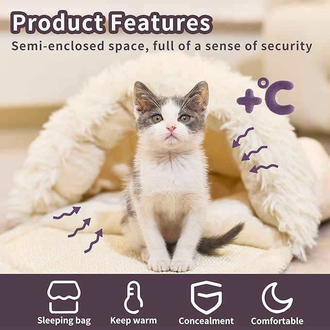 Pet Slipper Cave Bed for Indoor Cats and Small Dogs, Cat Bed with Scratching Board, Anti-Slip & Durable, Washable for Kittens and Small Pets, Beige