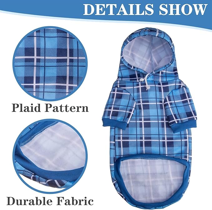 EXPAWLORER Plaid Dog Hoodie - British Style Warm Dog Sweater Shirt with Leash Hole,Pitbull Clothes Outfits,Winter Coat Apparel for All Breeds Puppy Girl Boy-Cat Apparel,Blue S-Medium