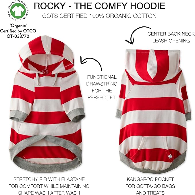 Pet Passion Rocky – The Original Lightweight Hooded Tee 100% Organic Cotton Dog Hoodie Pet Coat Sweater for All Sized Dogs, Red Bold Stripe, X-Small (5-12 lbs)