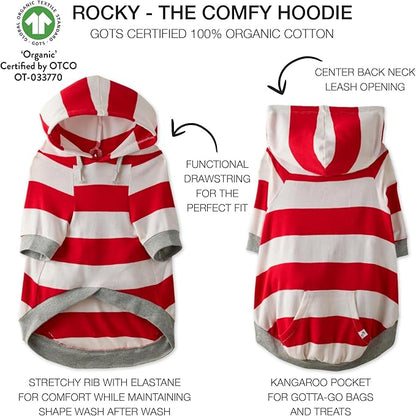 Pet Passion Rocky – The Original Lightweight Hooded Tee 100% Organic Cotton Dog Hoodie Pet Coat Sweater for All Sized Dogs, Red Bold Stripe, Medium (20-45 lbs)