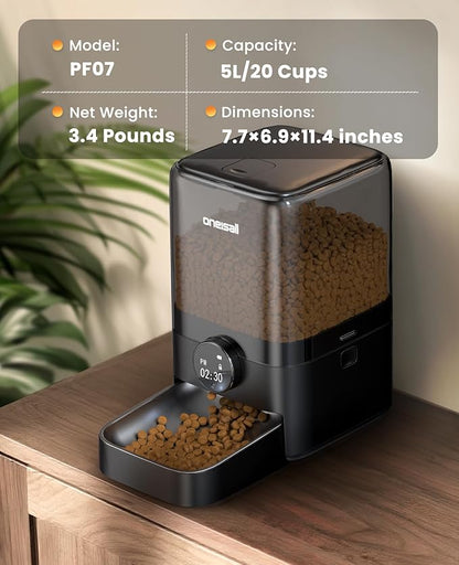 oneisall Automatic Cat Feeder for Large Kibble and Snacks, 20 Cups/5L Timed Pet Feeder for Cats Indoor, Programmable Dry Food Dispenser (Black)