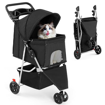 SMUG 3 Wheels Pet Stroller, Dog and Cat Strollers with Storage Basket and Cup Holder, Breathable Mesh, Lightweight Travel Carrier, Waterproof and Foldable for Small Pets Outdoor Walk, Black