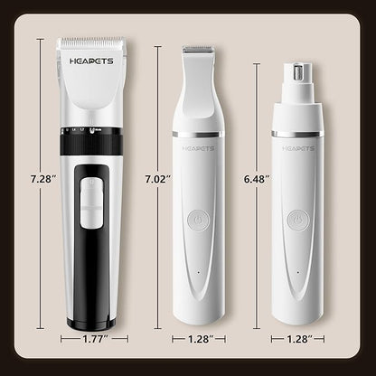 HEAPETS Dog Hair Clippers for Grooming Kit and Dog Paw Trimmer Nail Grinder for Grooming, Low Noise Rechargeable Cordless, Shaver Grooming Supplies for Pet Cats Dogs (White, White)