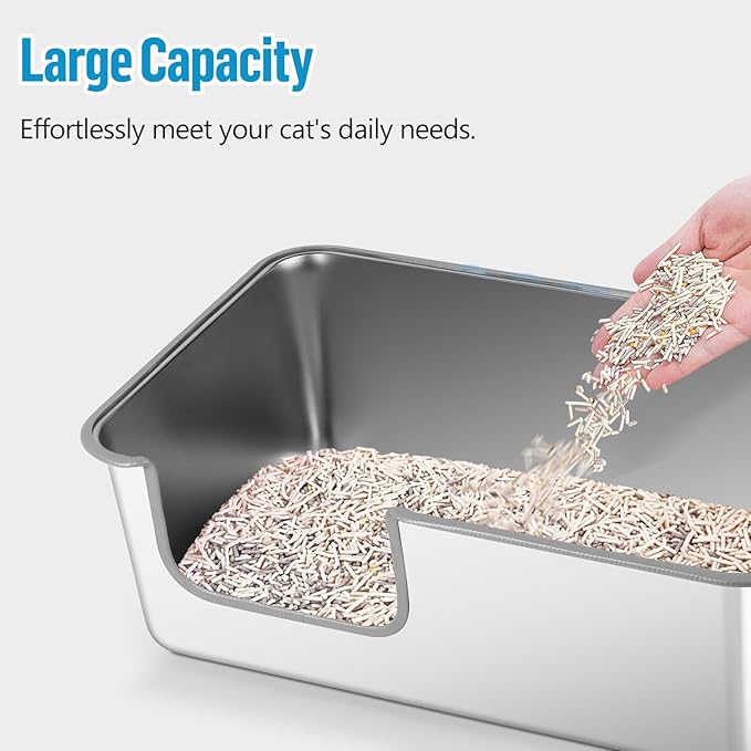 Stainless Steel Cat Litter Box, 23.6" L x 15.7" W x 8" H XXL Extra Large Semi Enclosed Removable Metal Litter Tray with High Sided Enclosure, Scoop, Anti-Leakage, Non-Sticky, Easy Cleaning