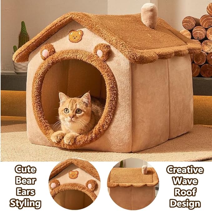 Cat Bed for Indoor Cats, Cozy Cave Bed Cat House Cats Tent with Removable Cushion Pillow, Soft Warm Pet House, Cute Bear Pet Nest for Kitten Small Dogs (Brown, M-18.1x14.57x15.75 Inches)
