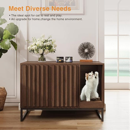 Halitaa Cat Litter Box Enclosure, Modern Hidden Litter Box Furniture with Scratch Pad, Indoor Cat Washroom House End Table, Entryway Bench for Livingroom (Walnut)
