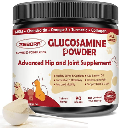 ZEBORA Glucosamine for Dogs - Joint Supplement for Dogs - Glucosamine Chondroitin, MSM, Omega-3, Collagen, Dog Hip and Joint Pain Relief, Support Mobility, Cartilage for Small & Large Breeds, 270g