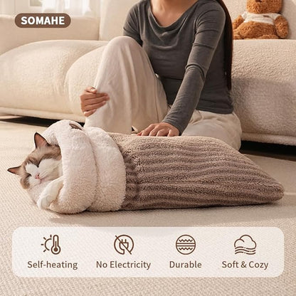 Cat Sleeping Bag for Indoor Cats, Self Warming Cat Bed Cave Fits up to 15 lbs Pets, Pet Sleeping Bed with Plush Portable Snuggle Sack/Hideway 17''×21''Coffee