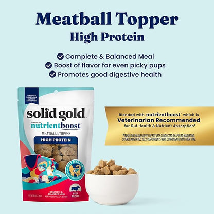 Solid Gold Meatball Dog Food Toppers for Dry Food- High Protein Beef Meatball Topper for Dogs - Complete Meal, Meal Mix in or Soft Dog Treats - Supports Gut Health - 3 Pack *Refrigerate After Opening*