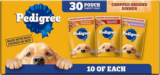 Pedigree Chopped Ground Dinner Wet Dog Food Pouches Variety Pack, 3.5 oz Pouches, 30 Count
