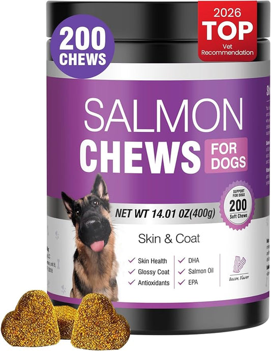 Omega 3 Skin and Coat Supplement for Dogs 200 Chews Dog Fish Oil Supplements with EPA & DHA Fatty Acids Dry Skin Relief for Dogs Shedding Allergy Itching Promotes Heart Hip Joint Health Bacon Flavor