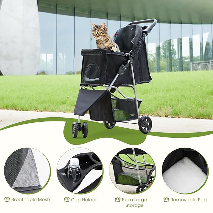 SMUG 3 Wheels Pet Stroller, Dog and Cat Strollers with Storage Basket and Cup Holder, Breathable Mesh, Lightweight Travel Carrier, Waterproof and Foldable for Small Pets Outdoor Walk, Black