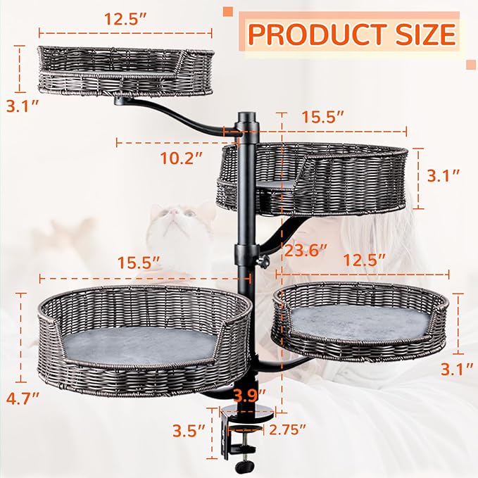 Niubya Cat Desk Bed Mount with Adjustable Height,Rattan Cat Desk Perch Supports 30 Lbs,360°Rotation Desktop Kitty Attachment for Indoor Home Office,4 Bed