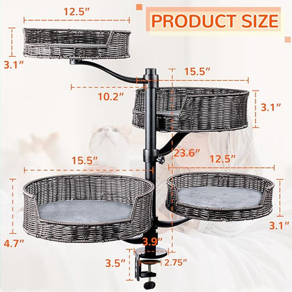Niubya Cat Desk Bed Mount with Adjustable Height,Rattan Cat Desk Perch Supports 30 Lbs,360°Rotation Desktop Kitty Attachment for Indoor Home Office,4 Bed