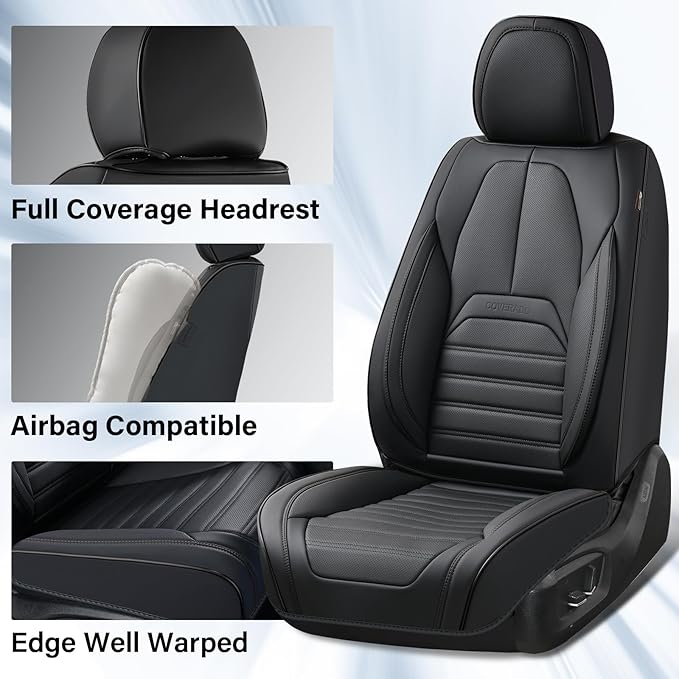 Coverado Car Seat Covers Full Set, Black Seat Covers for Cars, Automotive Seat Covers, Waterproof Nappa Leather Front Seats and Back Car Seat Protector, Universal Fit for Most Cars SUV Trucks
