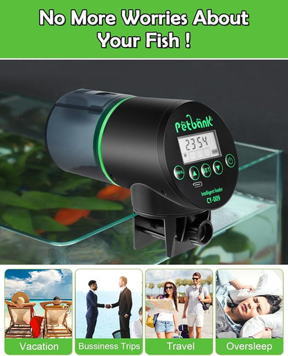 Automatic Fish Feeder - Rechargeable Timer Fish Feeder with USB Charger Cable, Fish Food Dispenser for Aquarium or Fish Tank