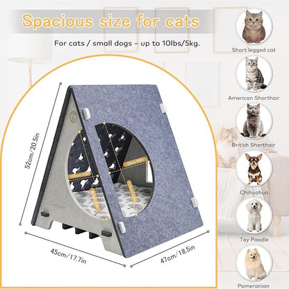 Triangle Cat Tent with Removable Pad, Enclosed Pet Bed & Hideaway for Small Cats, Includes 4 Felt Toys, Portable Gray Beige House, 17.7" L x 18.5" W x 20.5" H