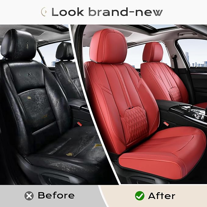 Coverado Car Seat Covers, Front Seat Covers for Cars, 2 Pack Waterproof Seat Cover with Lumbar Support, Leather Car Seat Protector, Breathable Seat Covers Car Seat Cushions Fit for Most Cars (Red)
