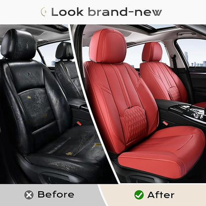 Coverado Front and Back Seat Covers, Red Seat Cover for Cars, Luxury Leather Seat Cover with Lumbar Support, Waterproof Car Seat Cushions Car Seat Protectors Universal Fit for Most Cars SUV Trucks