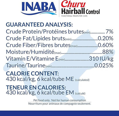 INABA Churu for Cats, Functional, Creamy Lickable Purée Cat Treat for Hairball Control and Indoor Care with Taurine & Vitamin E, 0.5 Ounces Each, 4 Tubes (1 Pack), Tuna Recipe