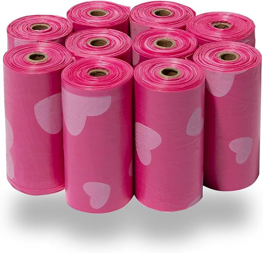 Best Pet Supplies Dog Poop Bags for Waste Refuse Cleanup, Doggy Roll Replacements for Outdoor Puppy Walking and Travel, Leak Proof and Tear Resistant, Thick Plastic - Pink Heart, 150 Bags
