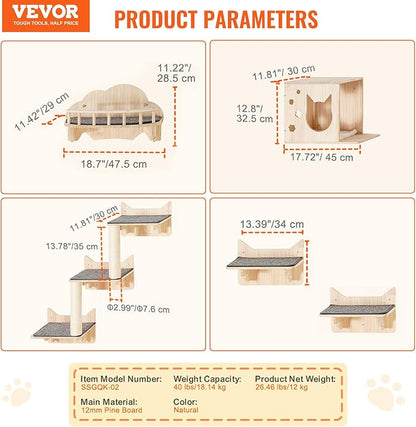 VEVOR Wall Mounted Cat Shelves and Perches with Jumping Boards, Nest, Barrier Board & Tree, Floating Furniture up to 40 lbs for Sleeping, Playing, Climbing, Set of 5