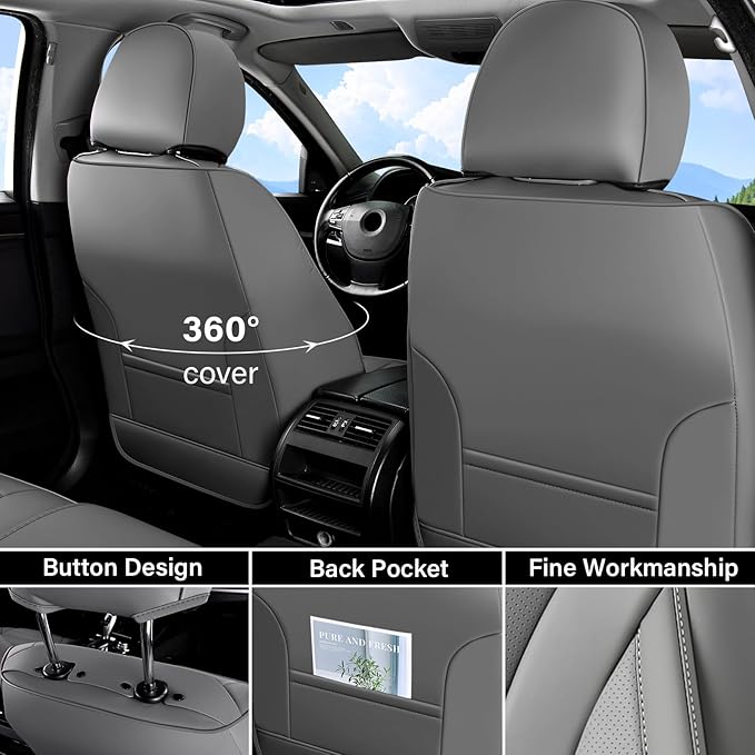 Coverado Waterproof Nappa Leather Car Seat Covers, Automotive Seat Covers，Front Car Seat Cushion & Car Seat Protector, Grey Seat Covers Universal Fit for Most Cars, SUVs, Trucks