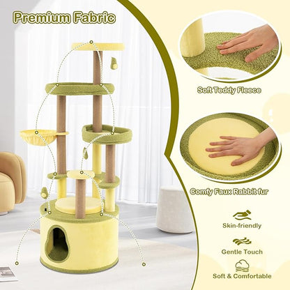 PETSITE 62.5 Inch Avocado-Themed Cat Tree, Multi-Level Modern Cat Tower with Jute Scratching Posts, Cat Condo, Dangling and Spring Toy, and Removable Cushions, Cute Cat Tree Tower for Indoor Cats