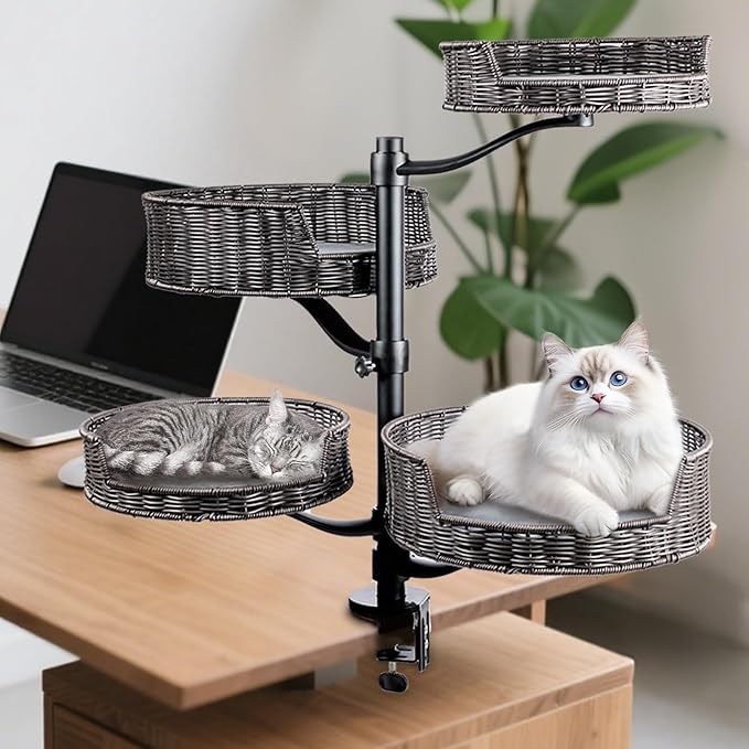 Niubya Cat Desk Bed Mount with Adjustable Height,Rattan Cat Desk Perch Supports 30 Lbs,360°Rotation Desktop Kitty Attachment for Indoor Home Office,4 Bed