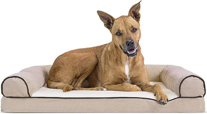 Furhaven Orthopedic Dog Bed for Large/Medium Dogs w/ Removable Bolsters & Washable Cover, For Dogs Up to 55 lbs - Sherpa & Chenille Sofa - Cream, Large