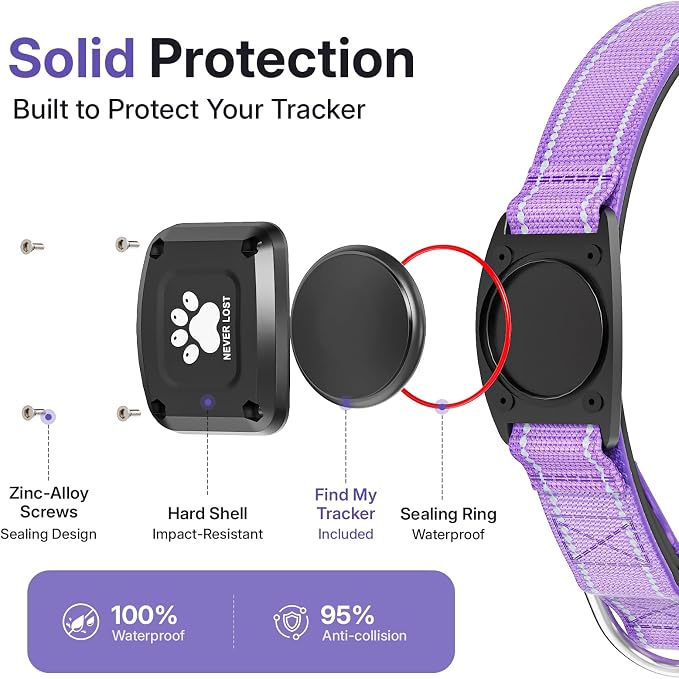 GPS Dog Collar Tracker 2-in-1,Reflective Waterproof Pet Collar,iOS-Only,No Monthly Fees,Unlimited Range,Dog Tracking Collar Pet Tracker,for Small Medium Large Dogs(M (14.5"-19.5"), Purple)