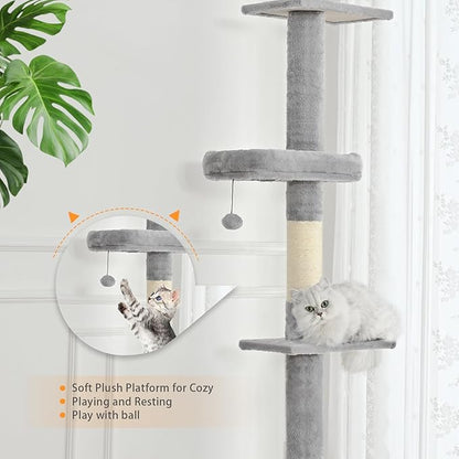 ABCPET Floor to Ceiling Cat Tree,5 Tiers Tall Cat Tower with Adjustable Height(98-110),Cat Tree Floor to Ceiling with Cozy Hammock,Sisal Scratching Posts,Platforms,and Hanging Balls for Large Cats