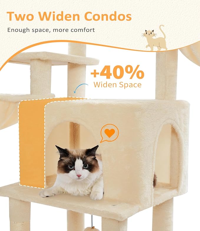 ABCPET Cat Tree Large Cat Tower Tree 68" Multi-Level Cat Tower for Indoor Cats with Sisal Scratching Posts, Widen Cat Perche, Square Hammock, 2 Widen Condos, Scratching Posts, Beige