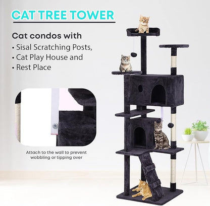 FDW | 70" Cat Tree Tower | Ashy | Multi-Level Indoor Activity Center with Sisal Scratching Posts, Condos, Plush Perches, Hanging Cat Toys | Sturdy, Easy to Assemble | for Kittens & Adult Cats