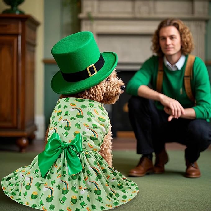 St. Patrick's Day Dog Costume Dress S, Green Shamrock and Horseshoe Print with Satin Bow, Pet Outfit for 6-7 lbs Dogs and Cats, Festive Holiday Apparel