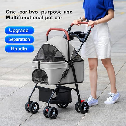 Pet Stroller for Medium Small Dogs/Cats - 4 Wheels Foldable Dog Stroller with Storage Basket,Dog/Cat Carrier,Adjustable Handle,Folding Puppy Carrier Suitable for Traveling with Cats and Dogs (Grey)