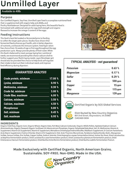 New Country Organics | Unmilled Layer Feed for Laying Hens | Soy-Free | 17% Protein | Certified Organic and Non-GMO | Great for Fermenting | 40 lbs Bag